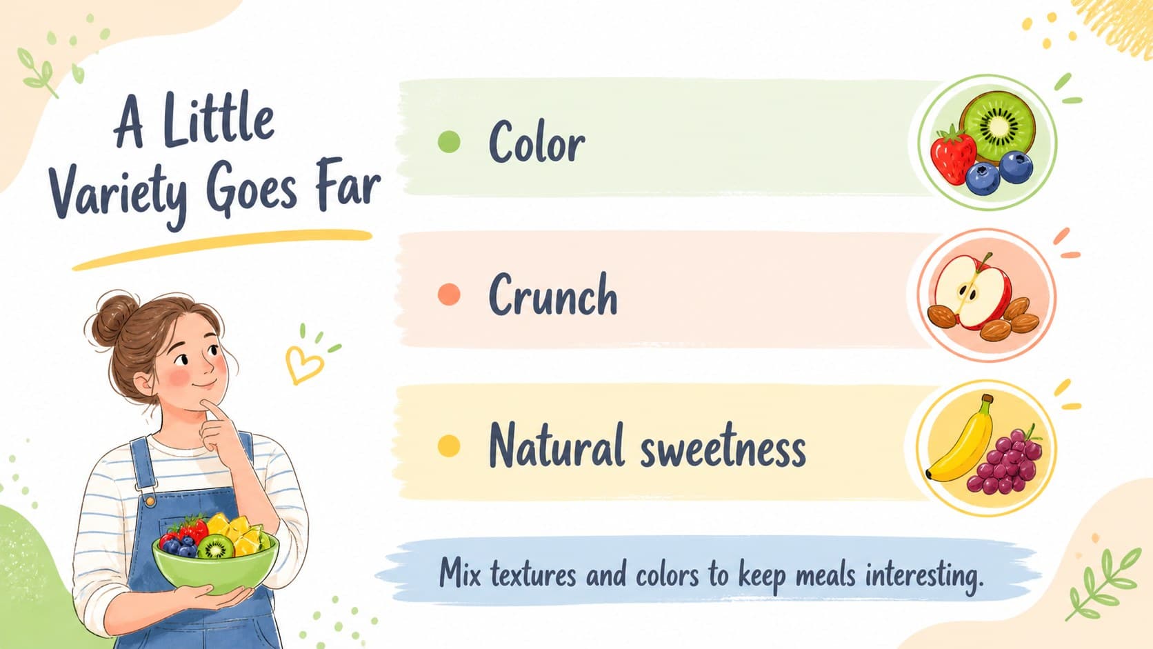 Fruit variety slide comparing colorful produce choices for a nutrition presentation.