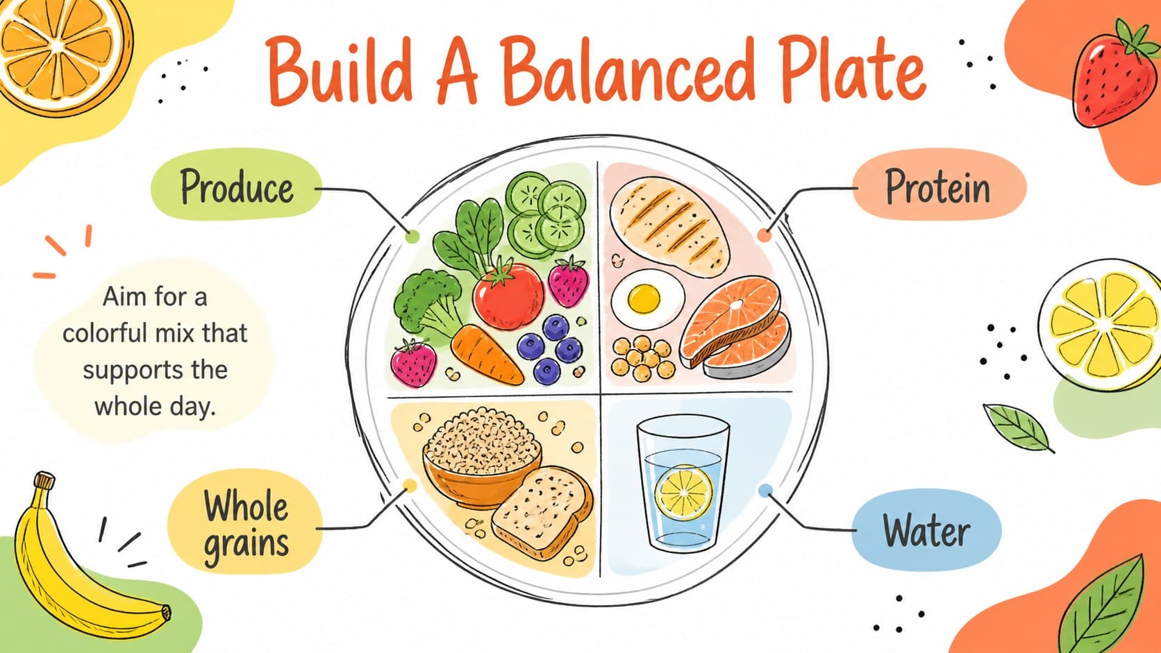 Balanced plate slide showing illustrated fruit alongside nutrition categories.