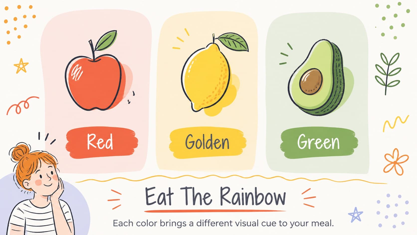 Color comparison slide showing red, yellow, and green produce illustrations.