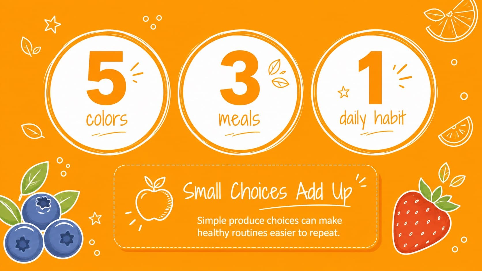 Nutrition facts slide with editable statistics and playful hand-drawn produce accents.
