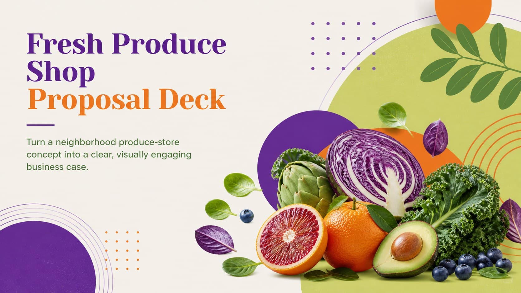 Cover of a fresh produce shop proposal deck with colorful fruit and vegetable graphics in purple, orange, and green.
