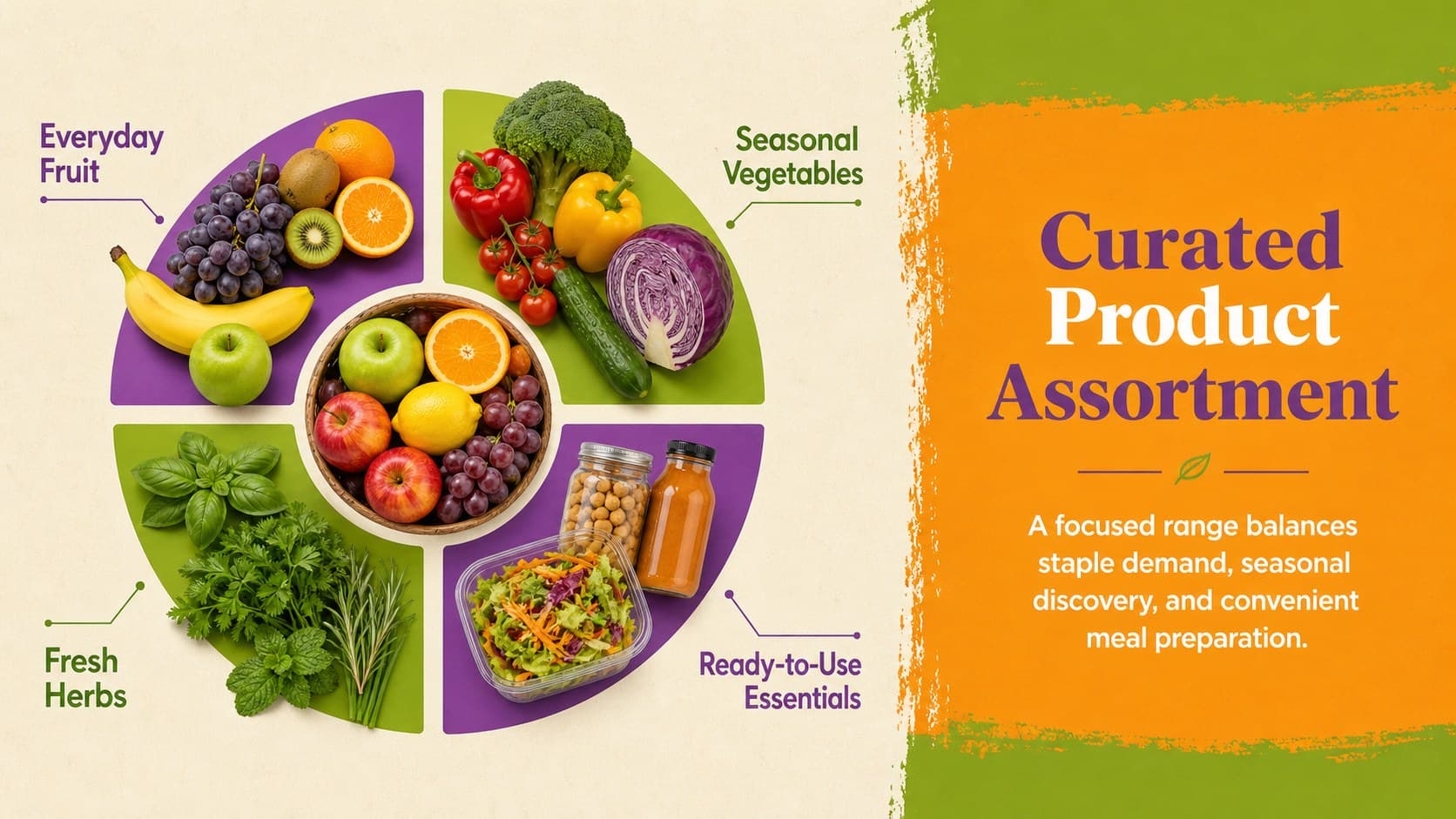 Produce shop launch strategy slide presenting the planned fruit, vegetable, herb, and convenience product assortment.