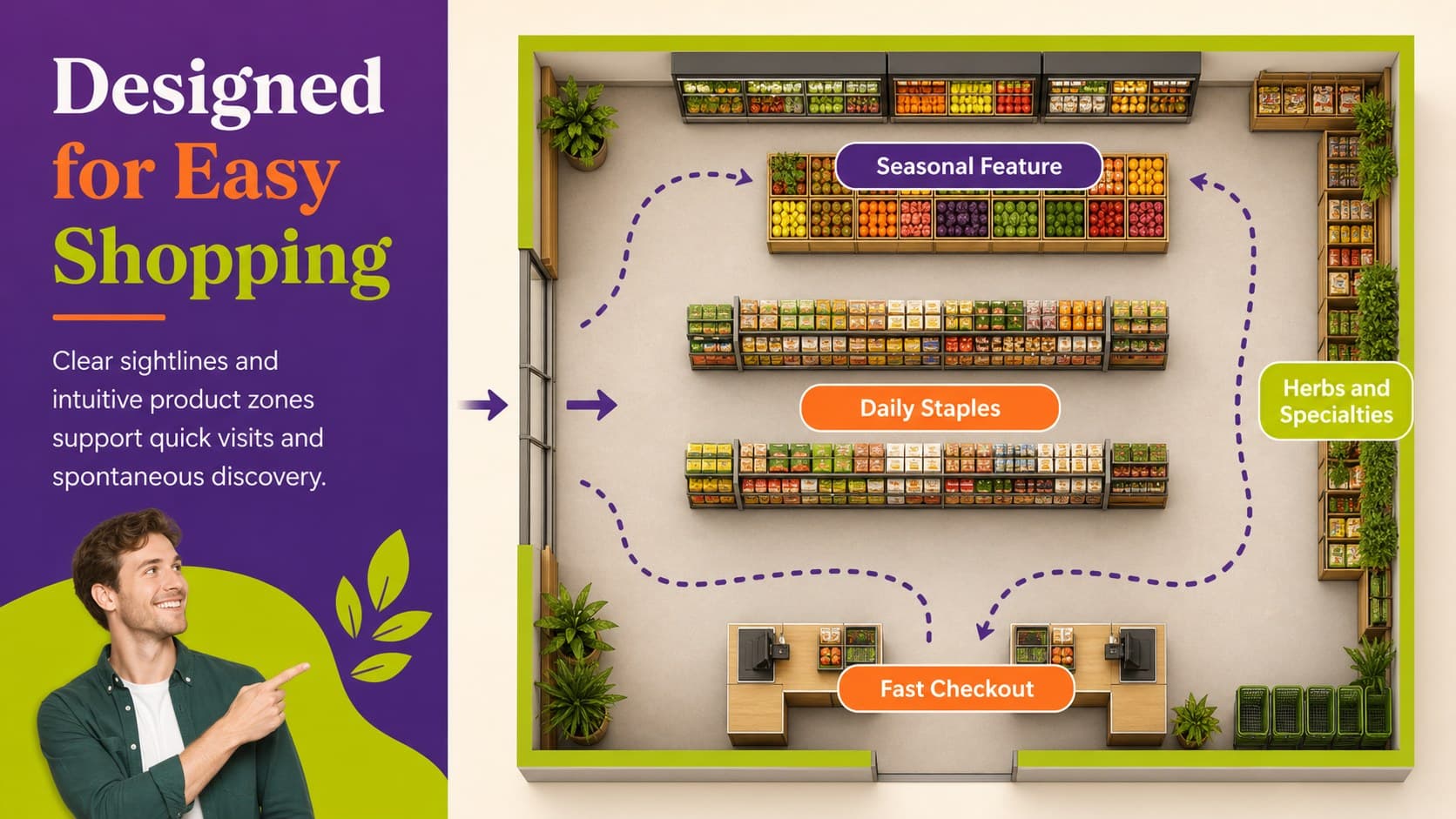 Fresh produce shop proposal deck slide illustrating an efficient and inviting in-store merchandising layout.