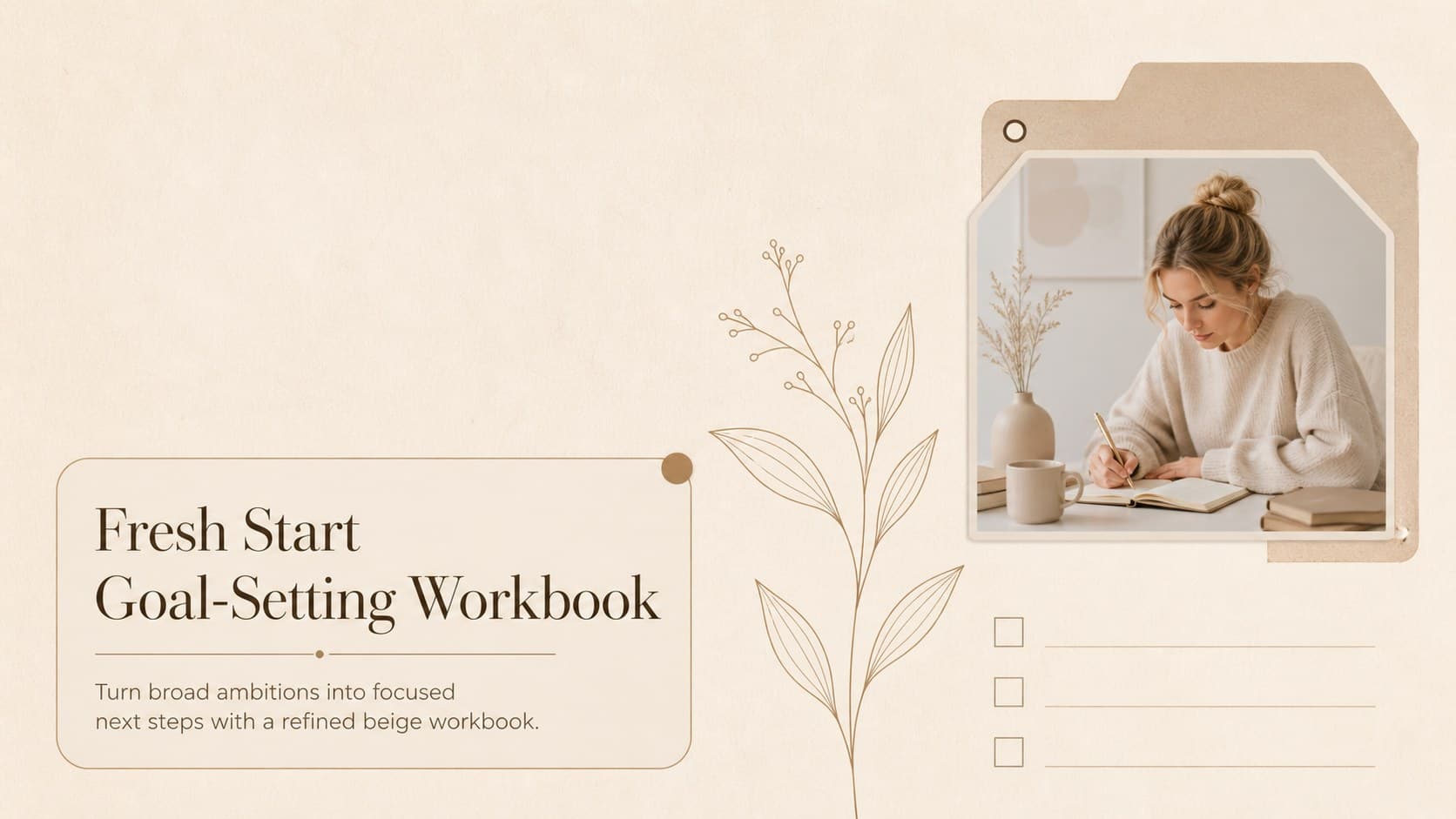 Beige cover for a Fresh Start Goal-Setting Workbook with elegant typography and understated planning graphics.