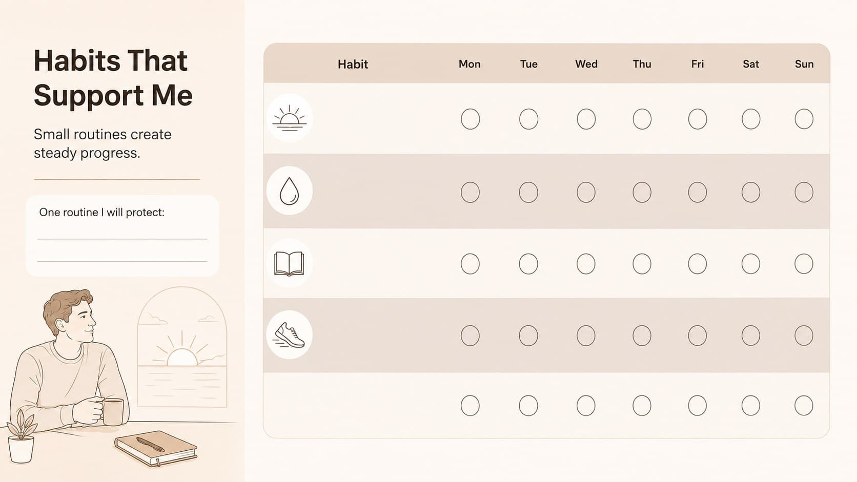Elegant beige habit tracker slide for recording supportive routines and weekly progress.