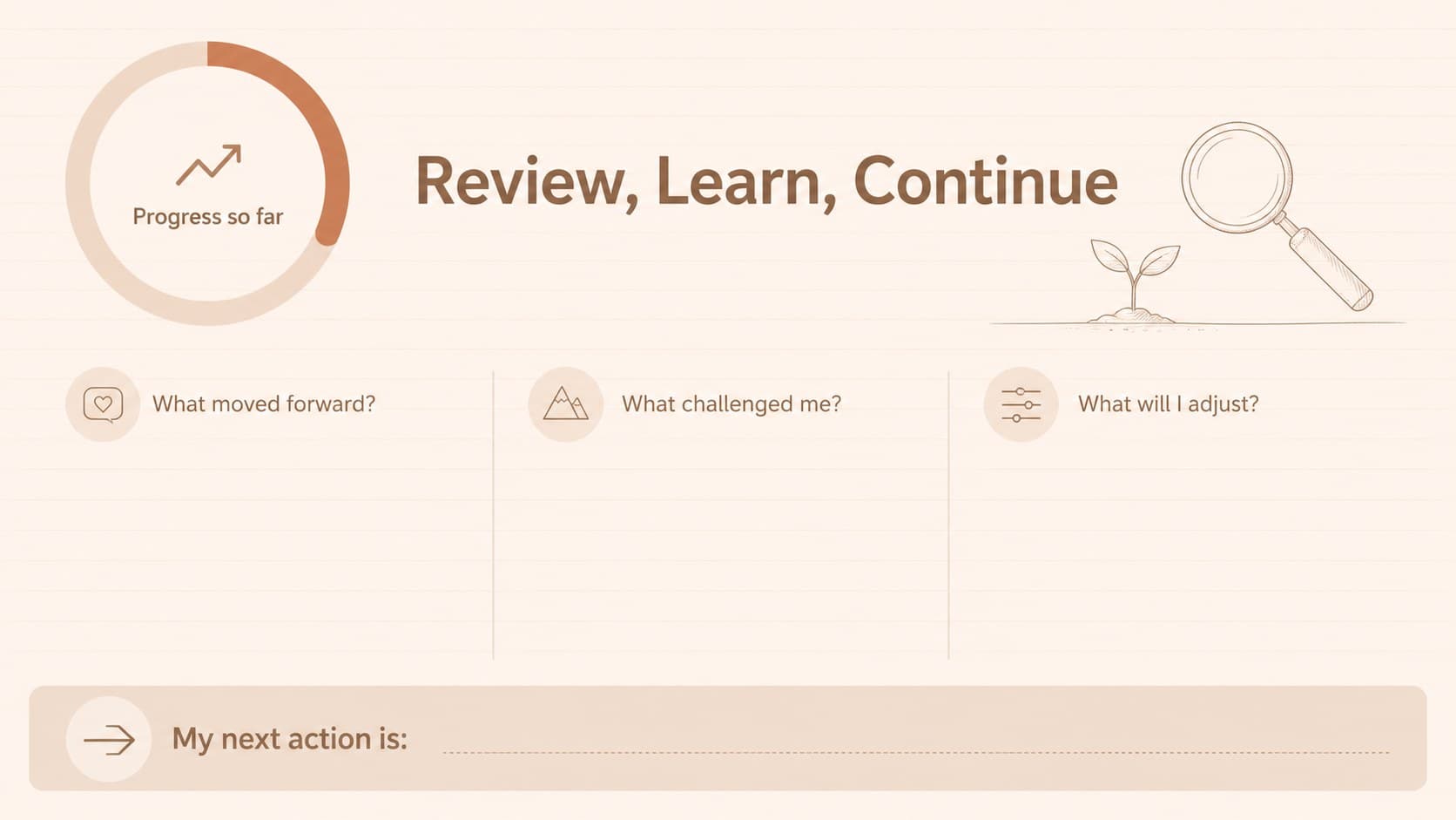 Beige goal review worksheet with progress checks, reflection prompts, and space for the next action.