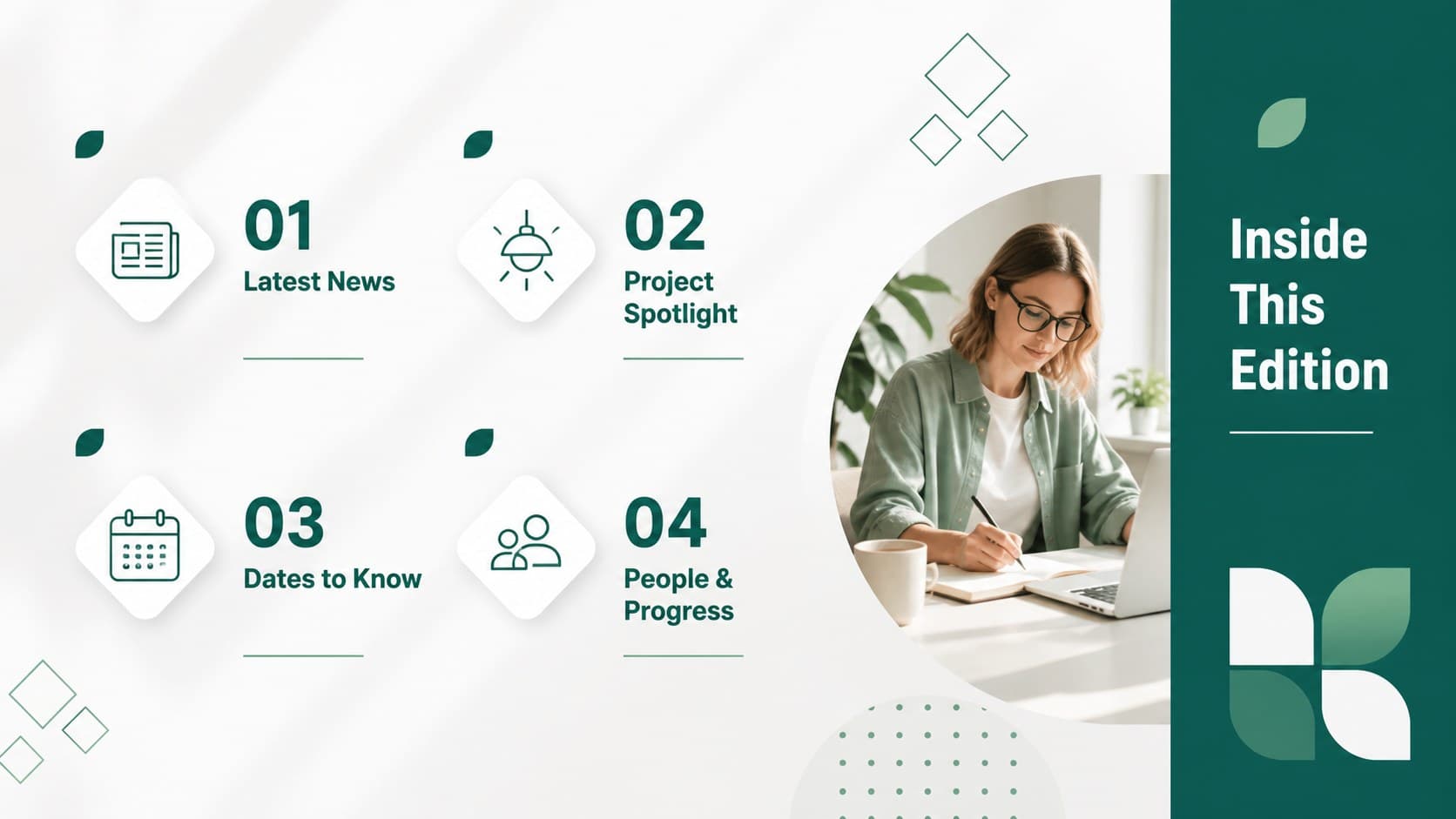 Issue overview layout for an editable employee newsletter with four clearly organized topics.
