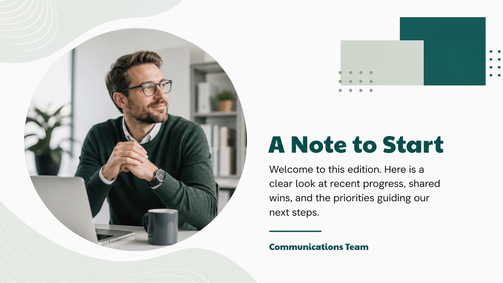 Opening message page in a green company update presentation with a portrait placeholder and editorial note.
