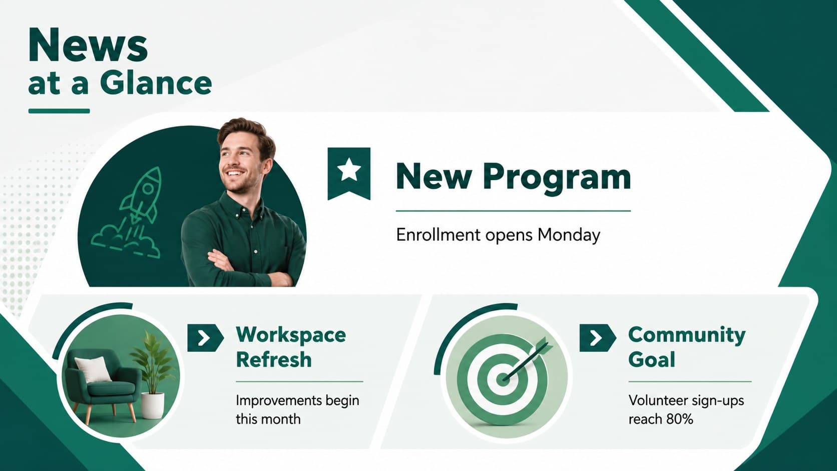 Company news highlights slide with three concise announcements in a clean geometric layout.