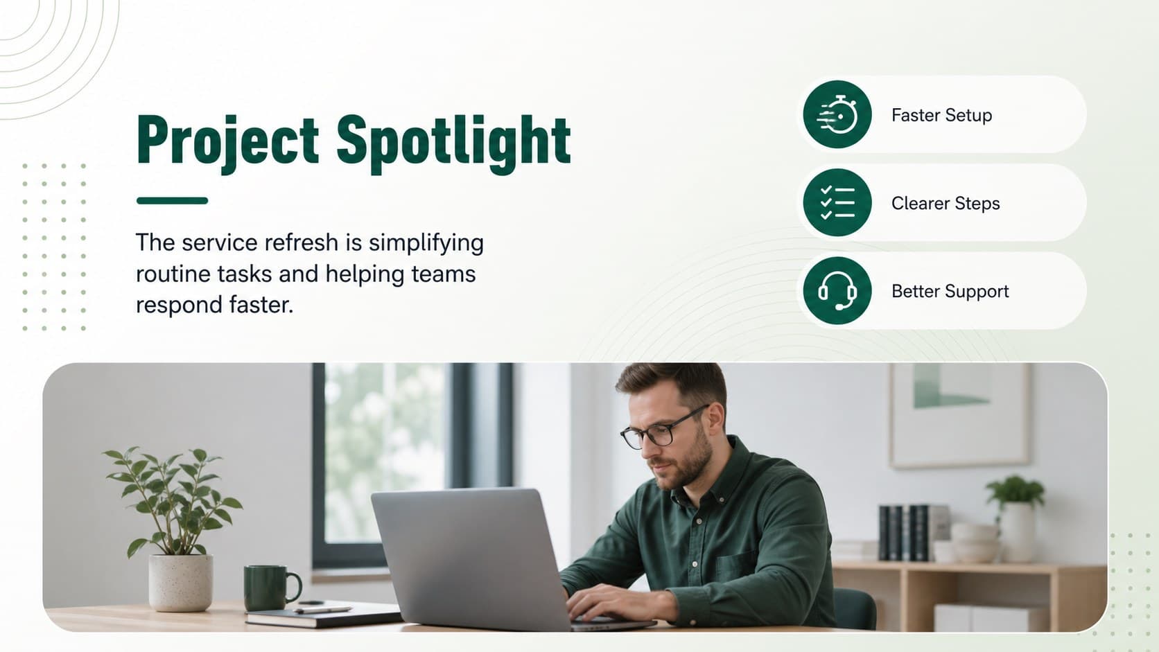 Project spotlight page for a weekly project update slide deck with an image and key outcomes.