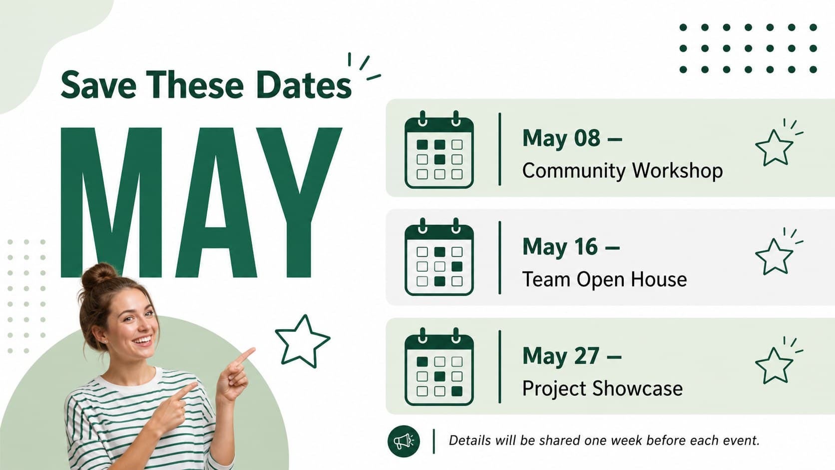 Upcoming events calendar for a modern community bulletin presentation with three dated activities.