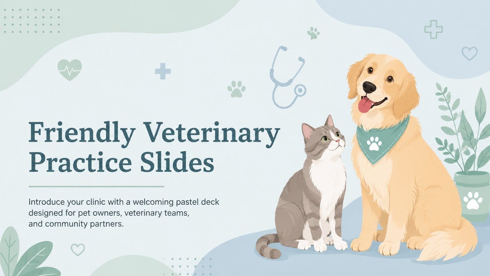 Cover for Friendly Veterinary Practice Slides with pastel pet illustrations and a welcoming clinic introduction.