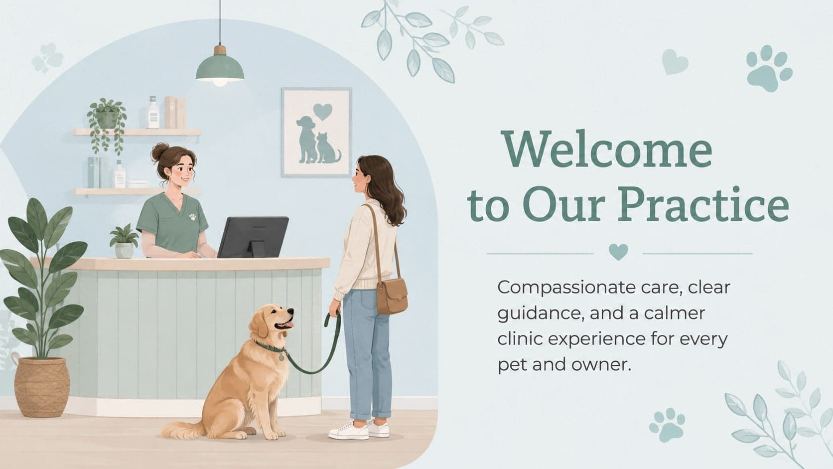 Pastel veterinary clinic presentation slide welcoming pet owners to compassionate animal care.