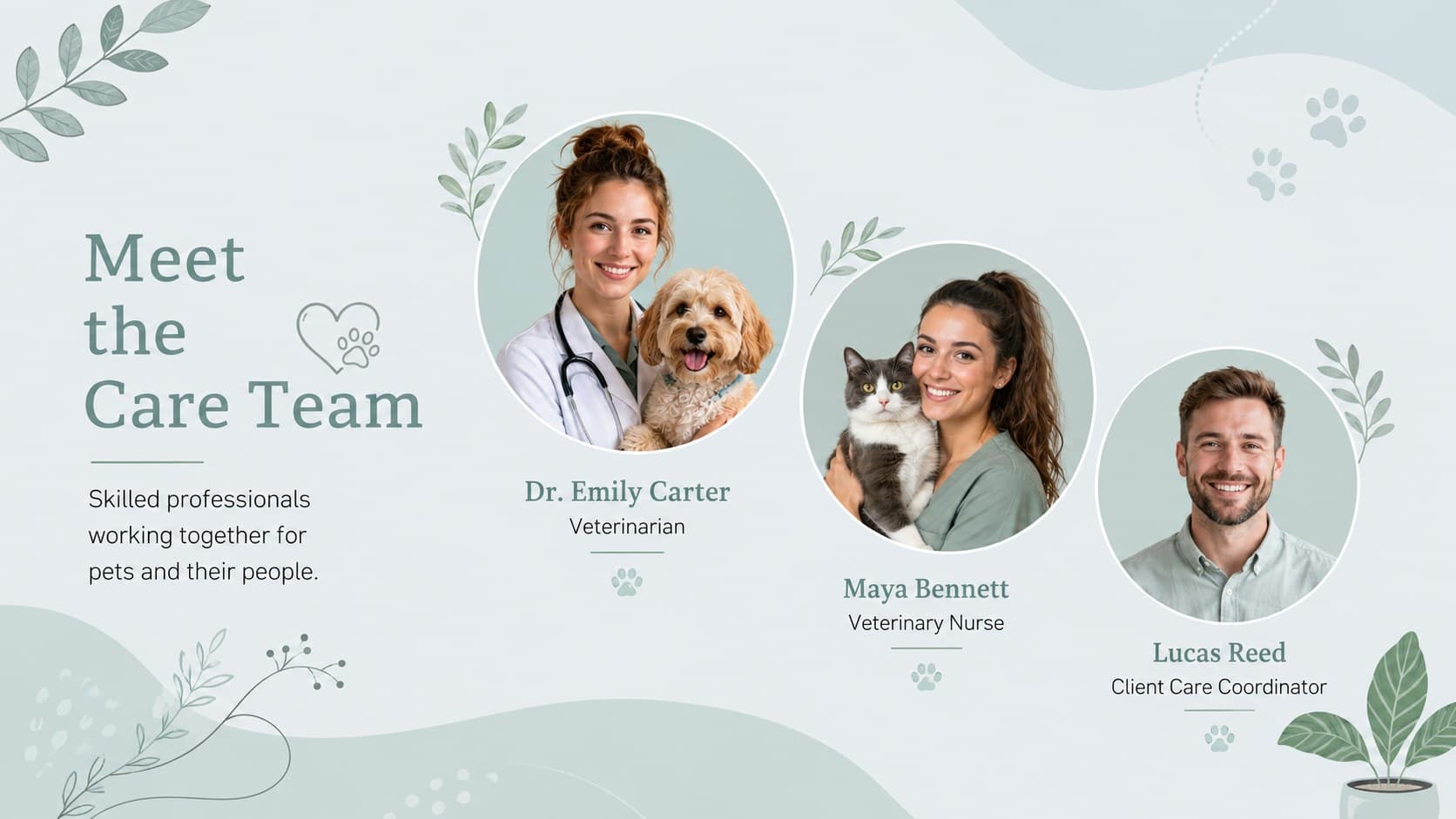 Veterinary team profile slide featuring original staff portraits and concise role descriptions.