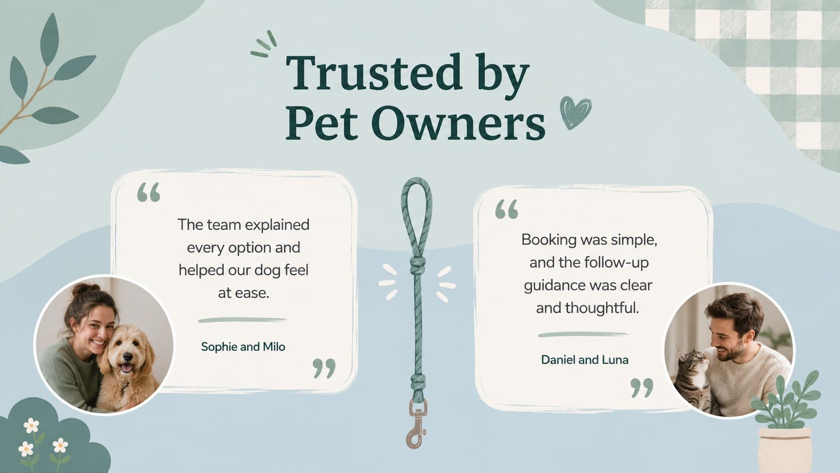 Pastel pet clinic testimonial slide presenting feedback from two veterinary clients.
