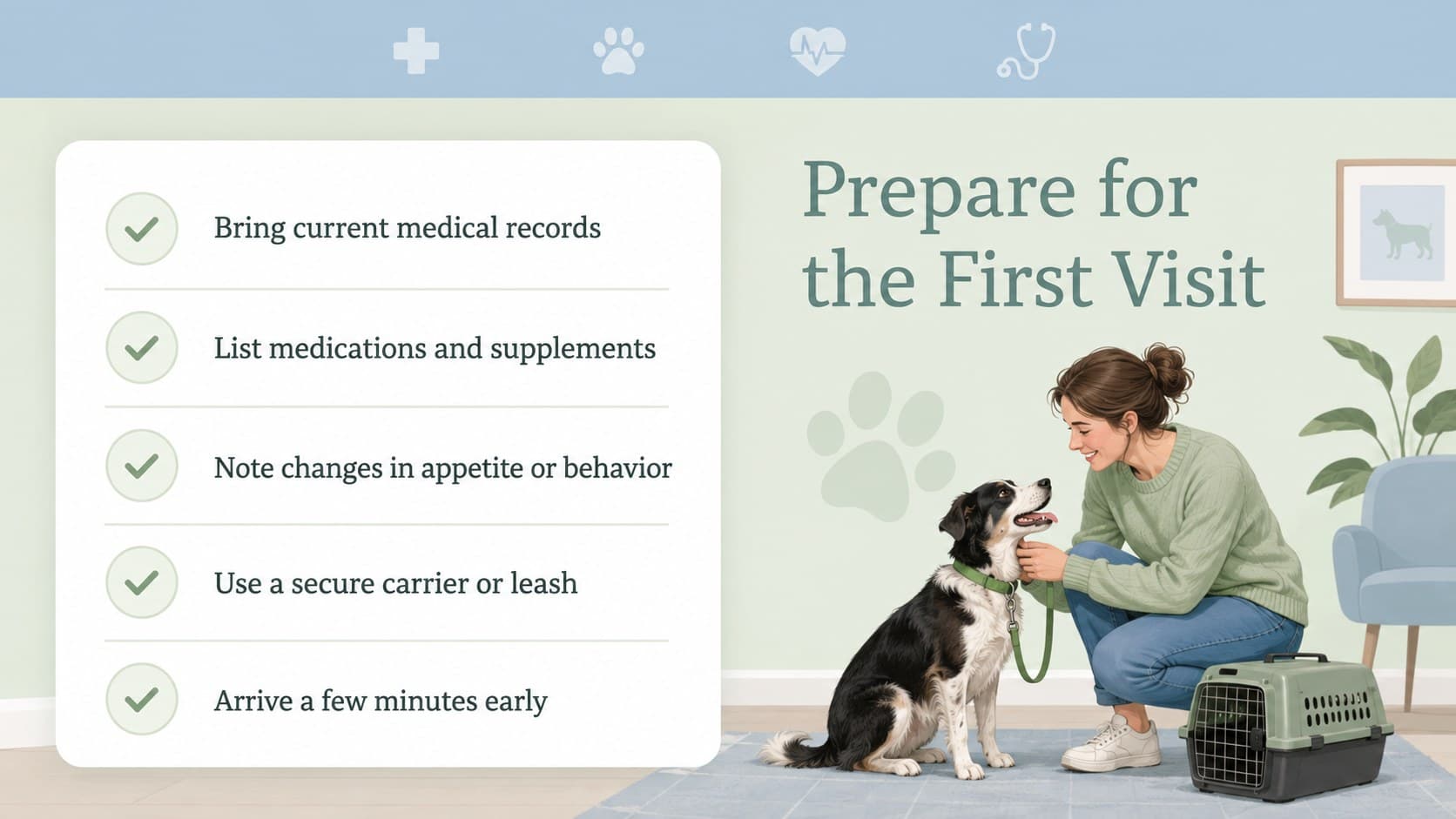 Veterinary client onboarding deck slide with a checklist for a pet's first clinic appointment.