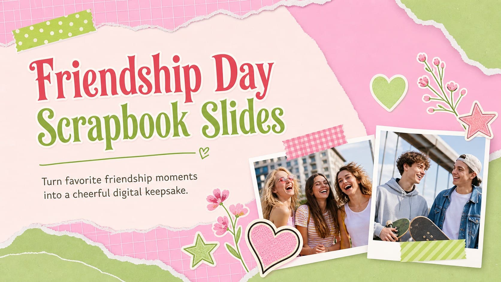 Cover for Friendship Day Scrapbook Slides with pastel pink and green sticker accents surrounding a cheerful scrapbook title.