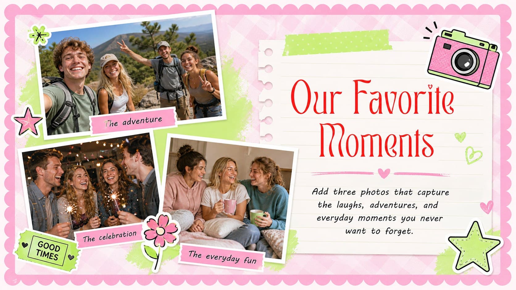 Friendship photo collage presentation slide with three snapshot frames, memory captions, and pastel sticker decorations.