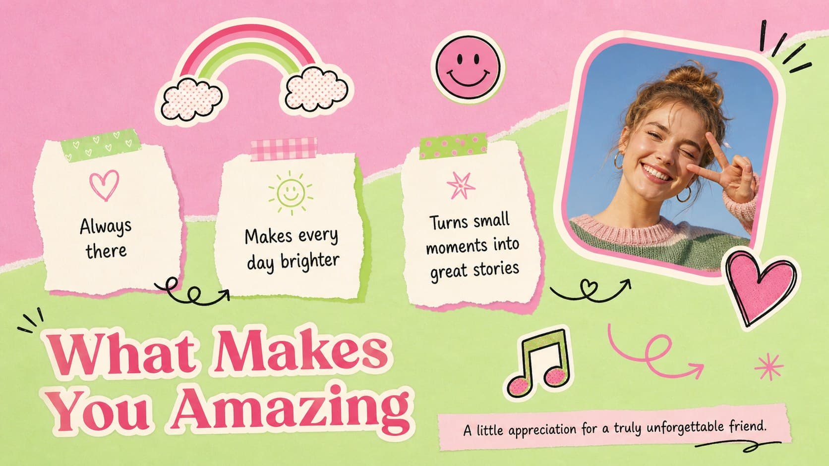 Best friend appreciation presentation page featuring profile notes, favorite qualities, and pink-and-green scrapbook graphics.