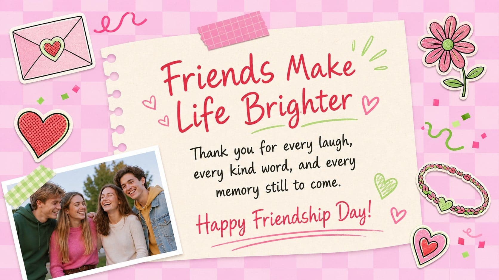 Closing page from an editable Friendship Day scrapbook template with a heartfelt thank-you message and playful pastel stickers.