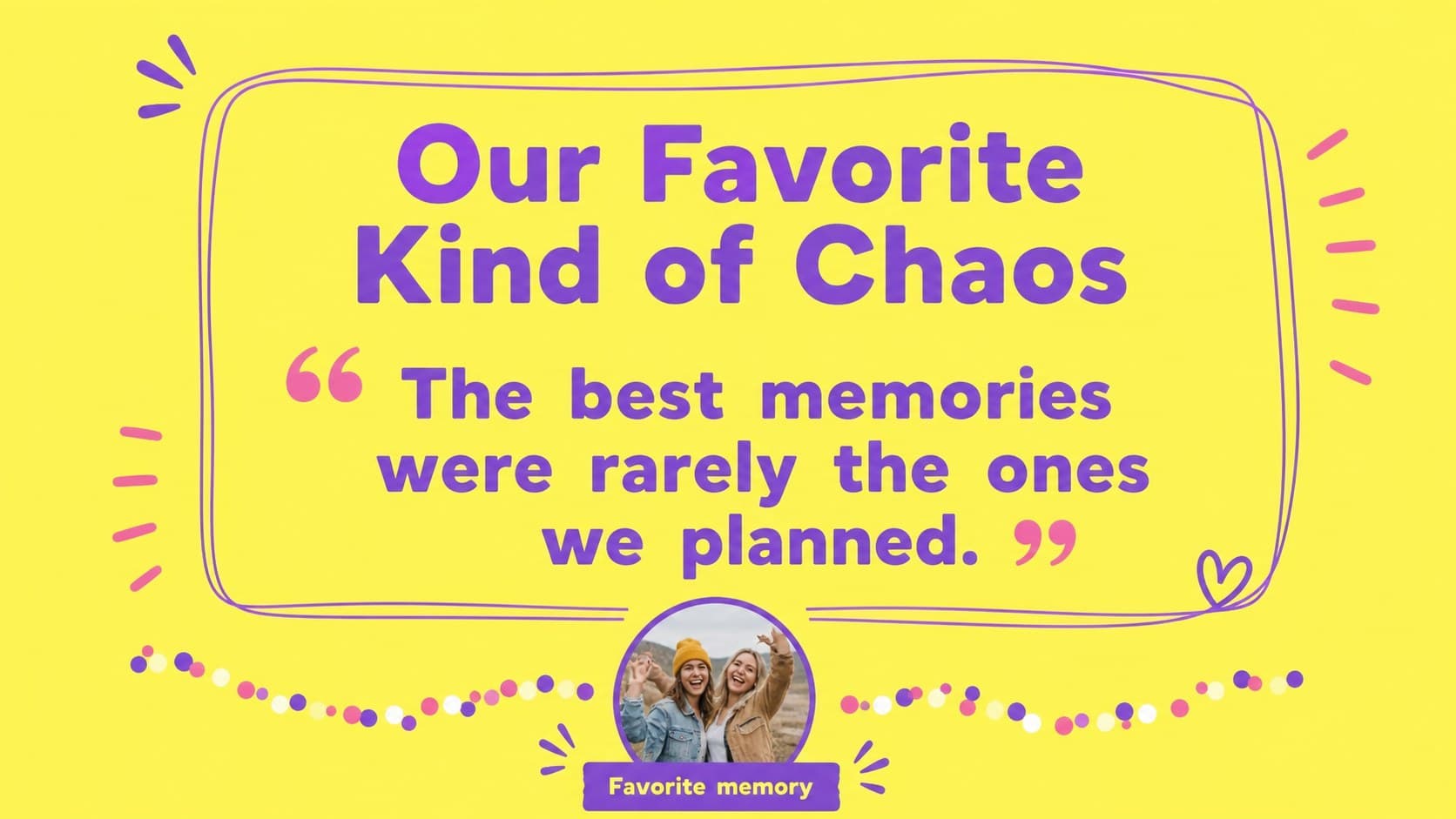 Favorite memories slide with an illustrated quotation area and photo placeholders for a decade of friendship presentation.