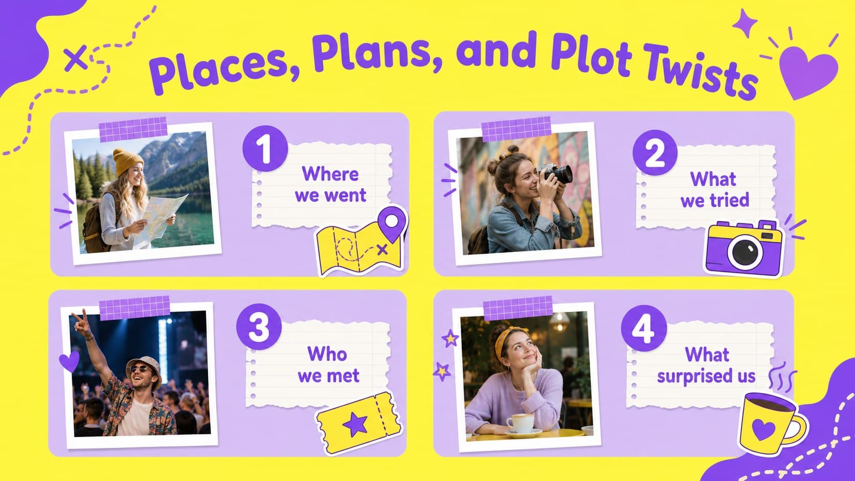Shared adventures slide displaying travel and activity highlights in a bright illustrated friendship scrapbook layout.