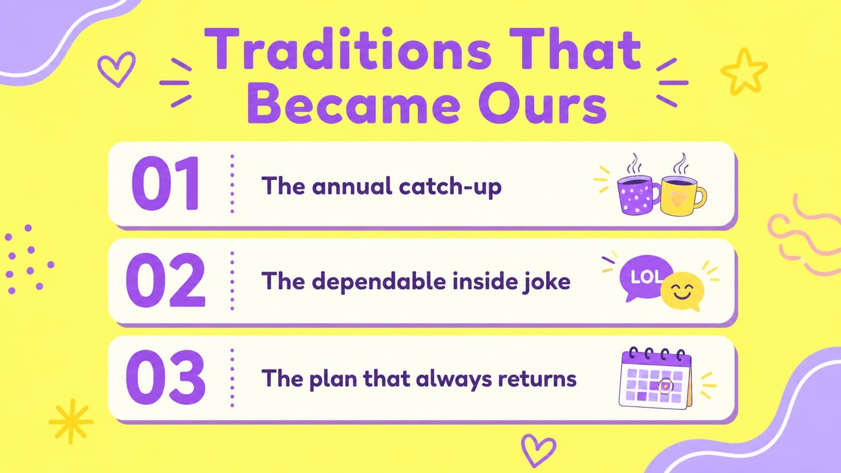 Friendship traditions slide outlining recurring rituals with colorful cards and decorative yellow-purple shapes.