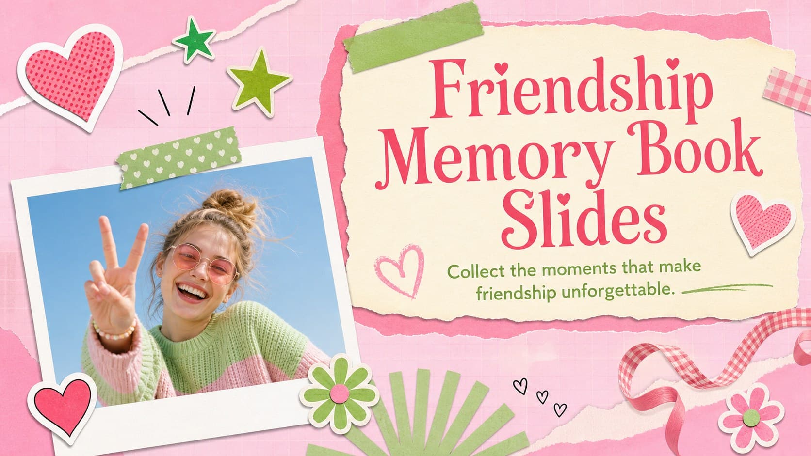 Pastel pink and green cover slide for a friendship memory book slides deck with playful sticker details.