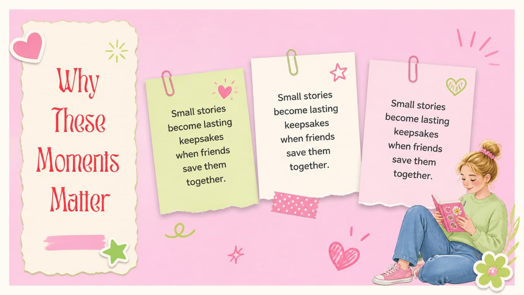 Introduction slide explaining why shared memories matter in a friendship photo collage presentation.