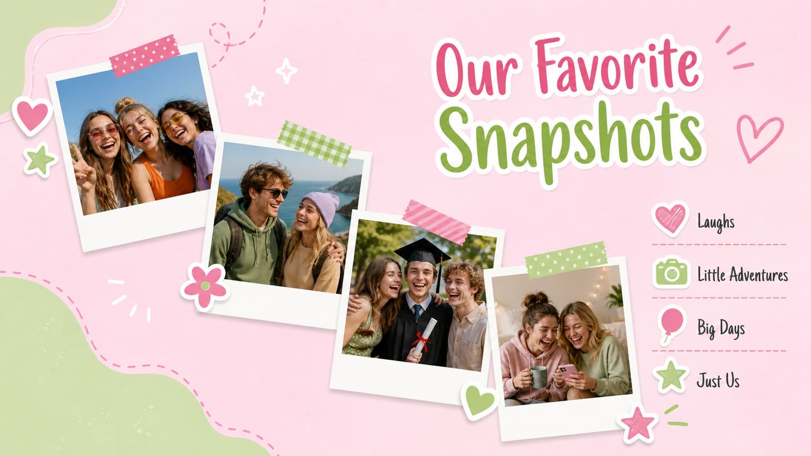 Photo gallery layout for organizing favorite memories in a friendship day photo story template.