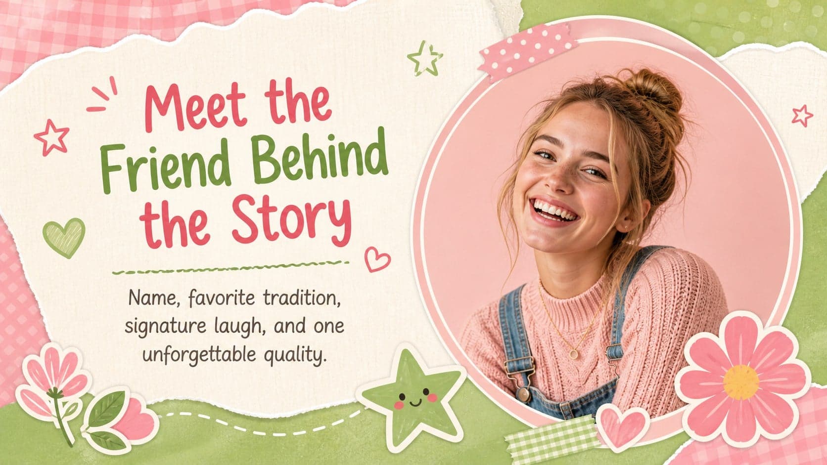 Friendship profile slide with a portrait placeholder and personal details for an editable friendship keepsake presentation.