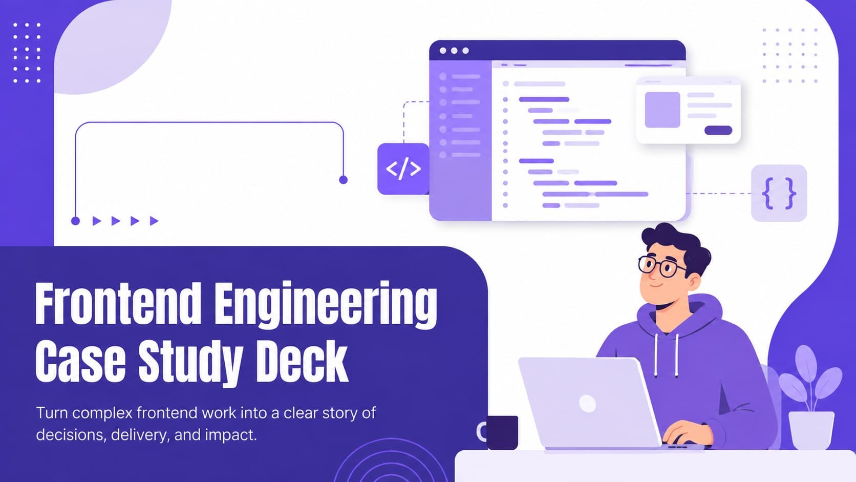Cover of a violet and white Frontend Engineering Case Study Deck with geometric coding illustrations.