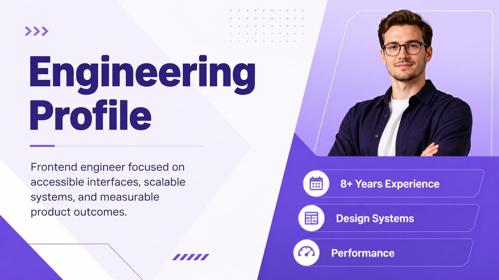 Frontend engineer profile layout presenting experience, specialty, and professional focus in a violet illustrated design.