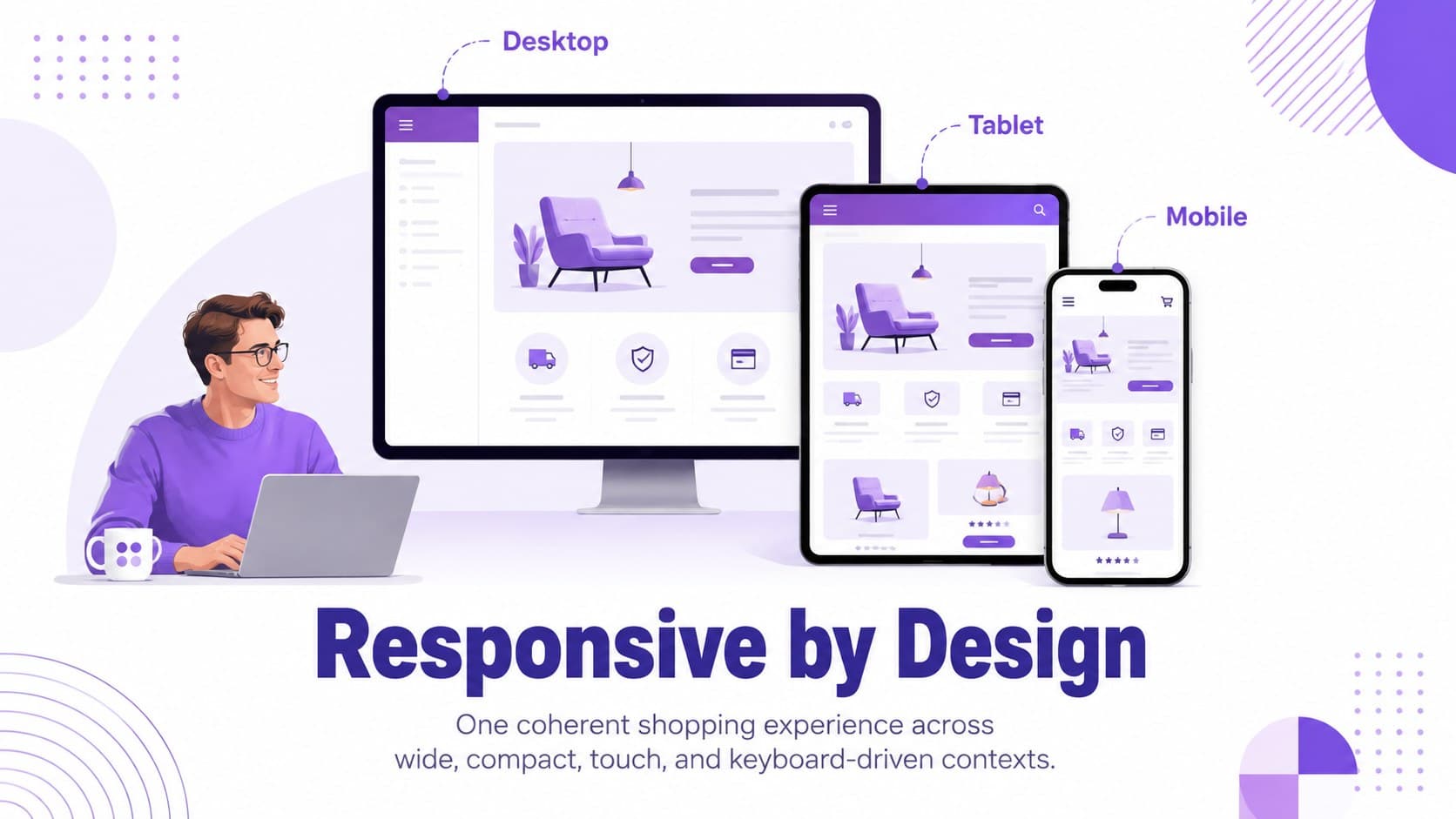 UI engineering presentation comparing responsive storefront designs across desktop, tablet, and mobile screens.