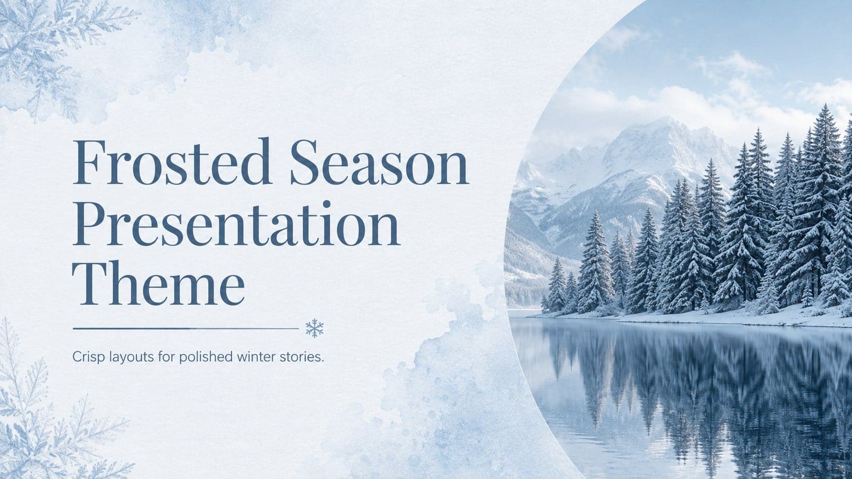 Cover of the Frosted Season Presentation Theme with refined typography, snowy imagery, and minimal winter accents.