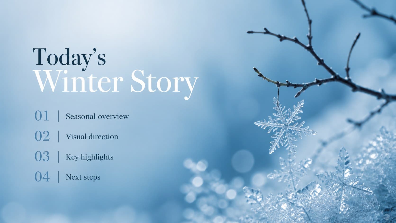 Winter presentation agenda arranged beside restrained snow-inspired editorial graphics.