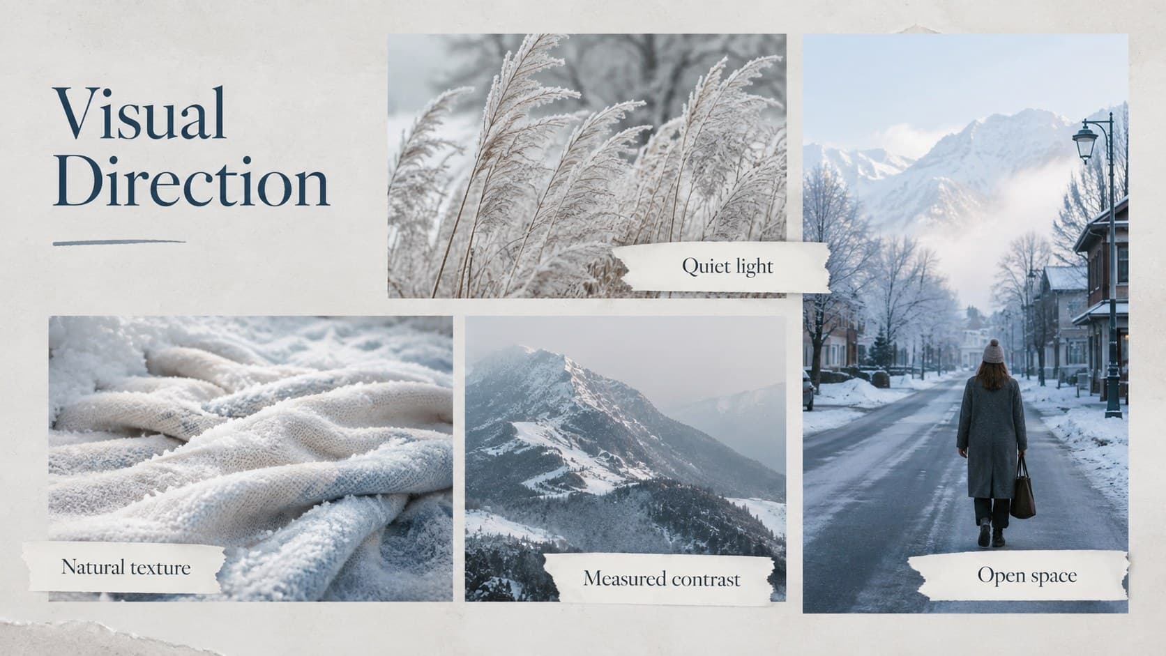 Seasonal presentation mood board featuring original snow photography, frosted textures, and an understated color palette.