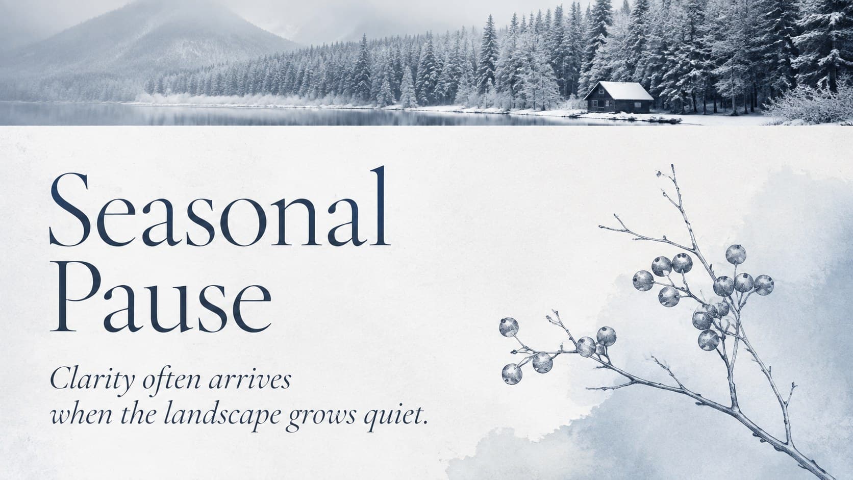 Elegant seasonal business presentation slide with a prominent winter quote and delicate botanical illustration.