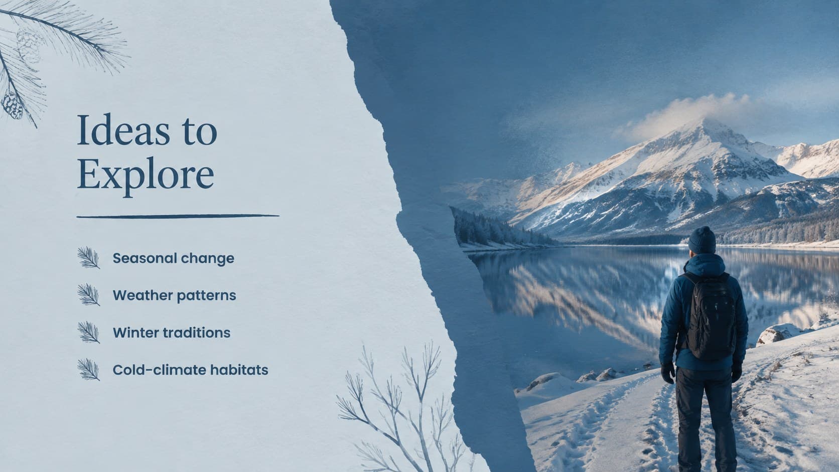 Winter classroom slideshow template page with concise seasonal learning themes and illustrated snow details.