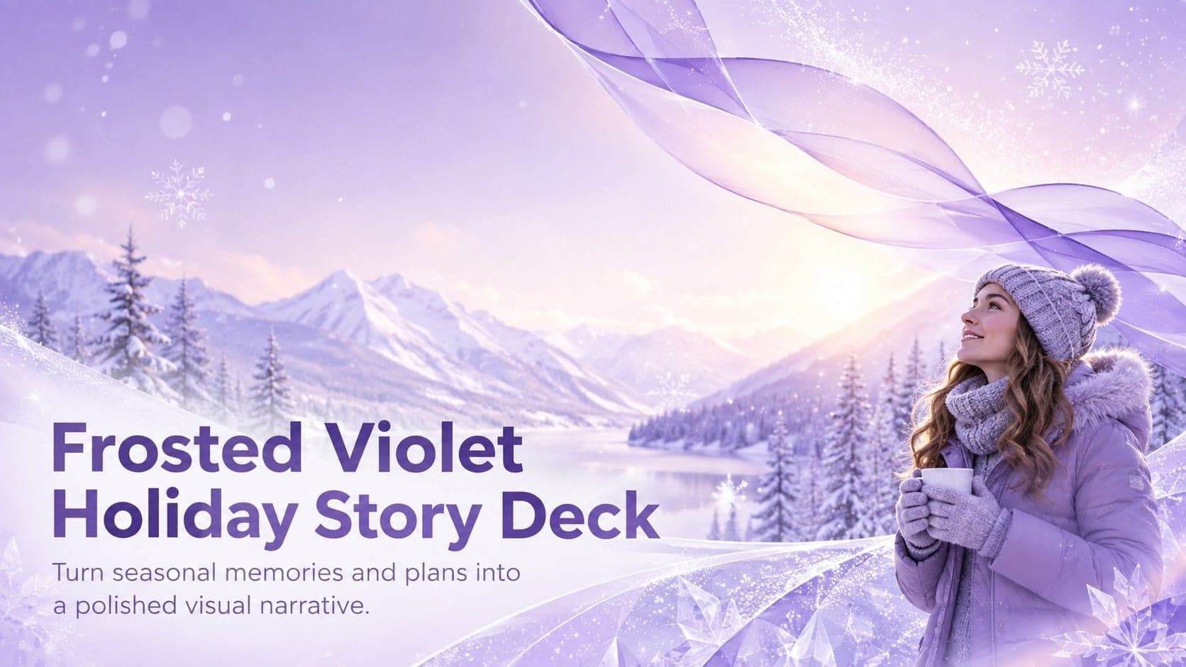 Cover of the Frosted Violet Holiday Story Deck with translucent panels and flowing purple winter accents.