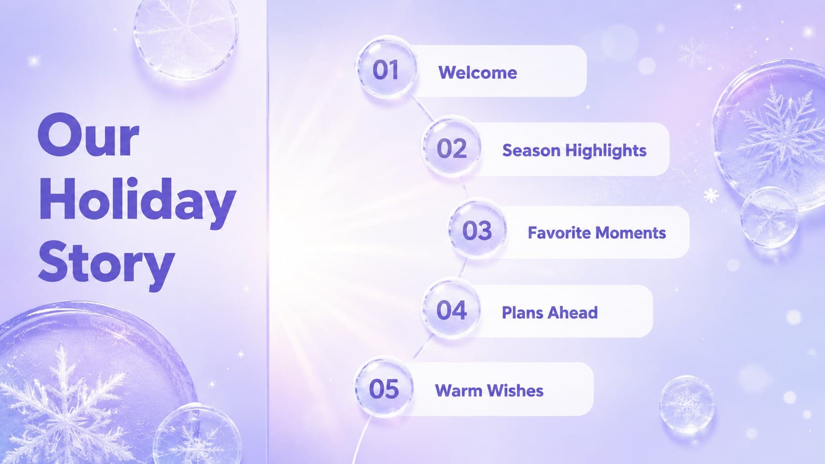 Holiday story agenda slide featuring five seasonal sections in a modern violet glassmorphism layout.
