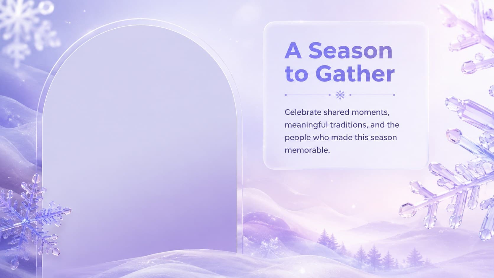 Purple holiday presentation template slide introducing a seasonal gathering with an editable photo area.