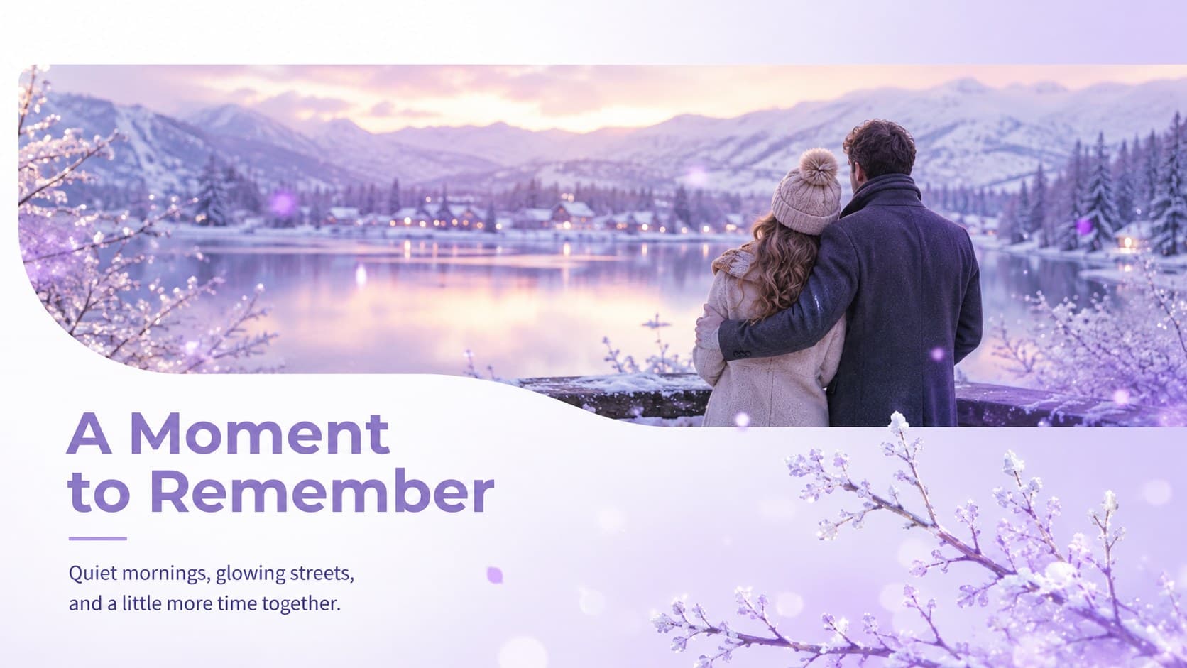 Modern festive greeting slideshow layout with a large memory photo and short reflective caption.