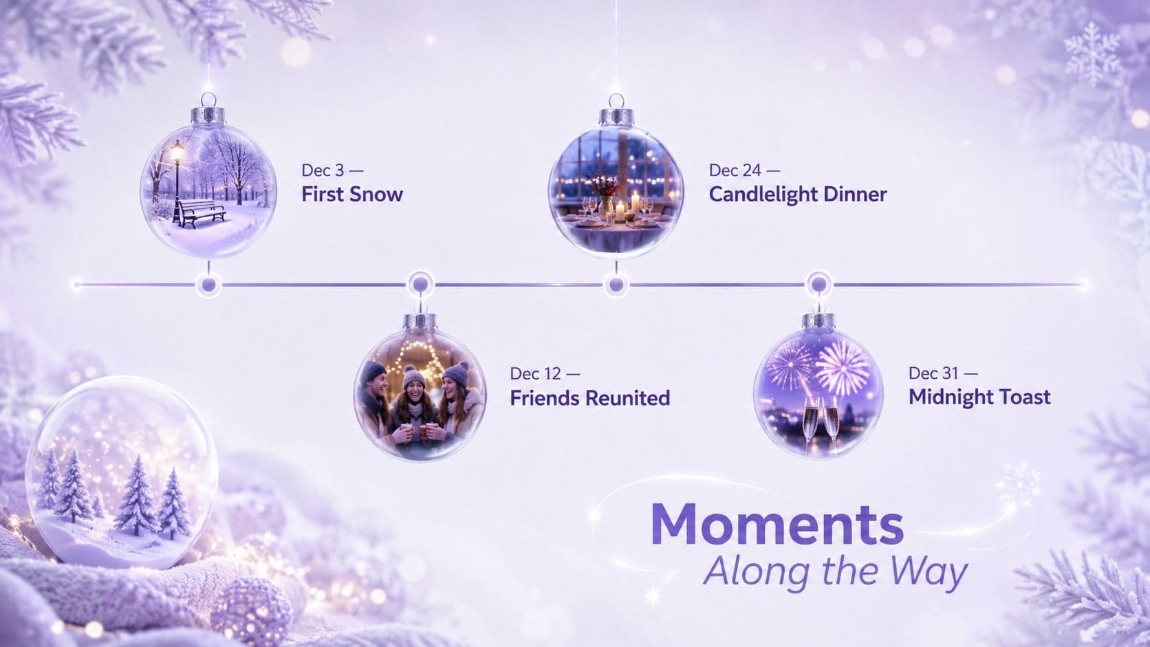 Violet holiday timeline slide mapping four memorable moments from early December through New Year's Eve.
