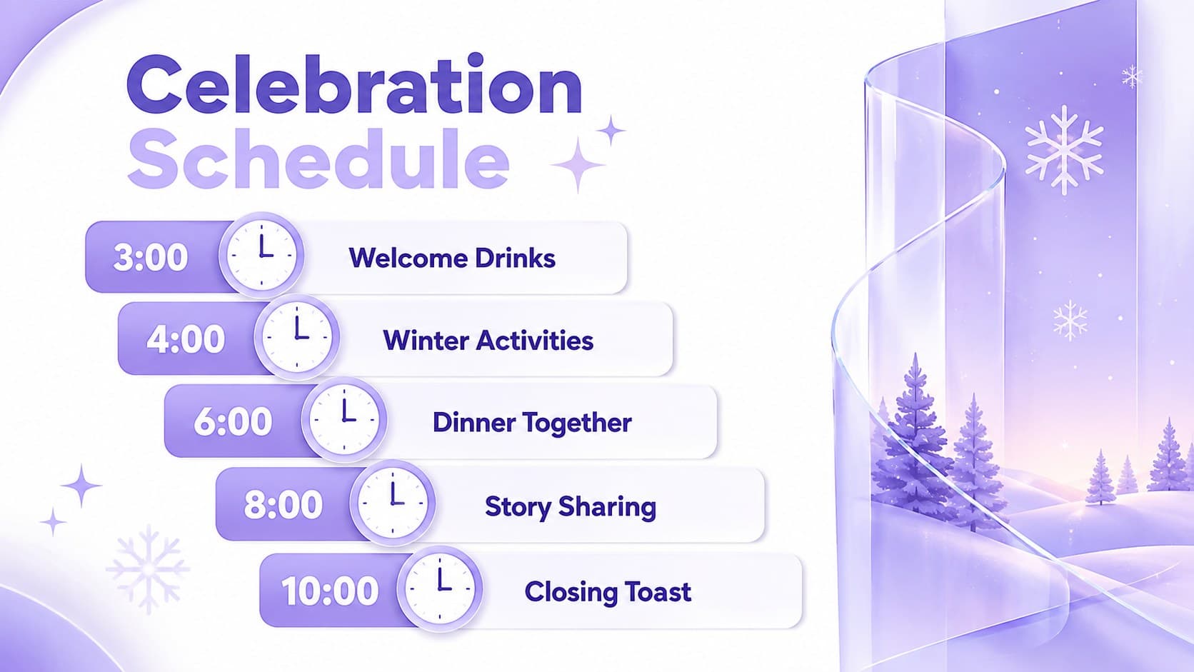 Editable holiday planning presentation slide with a clear afternoon-to-evening event schedule.