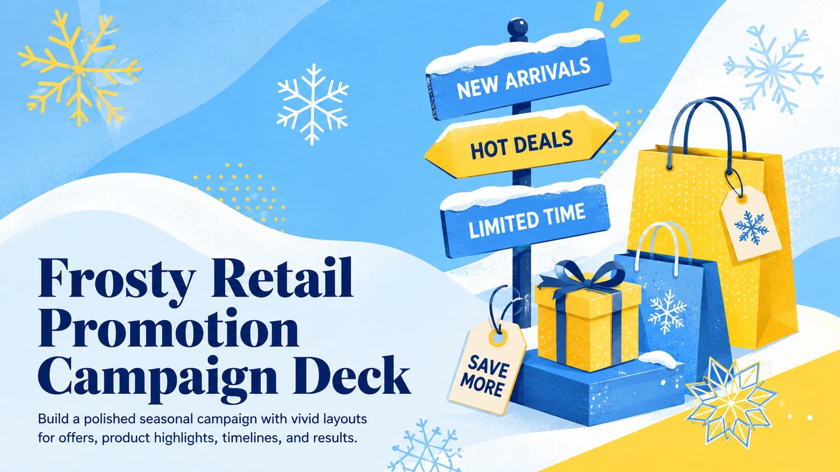 Cover for the Frosty Retail Promotion Campaign Deck with colorful winter retail graphics in blue and yellow.