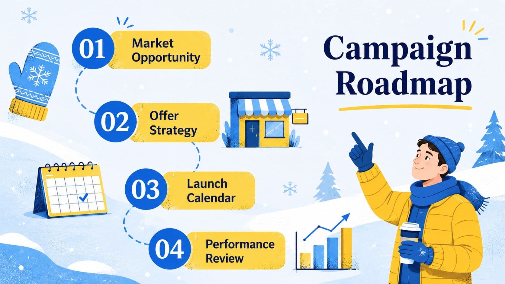 Winter retail campaign presentation agenda with four stages for planning a seasonal promotion.