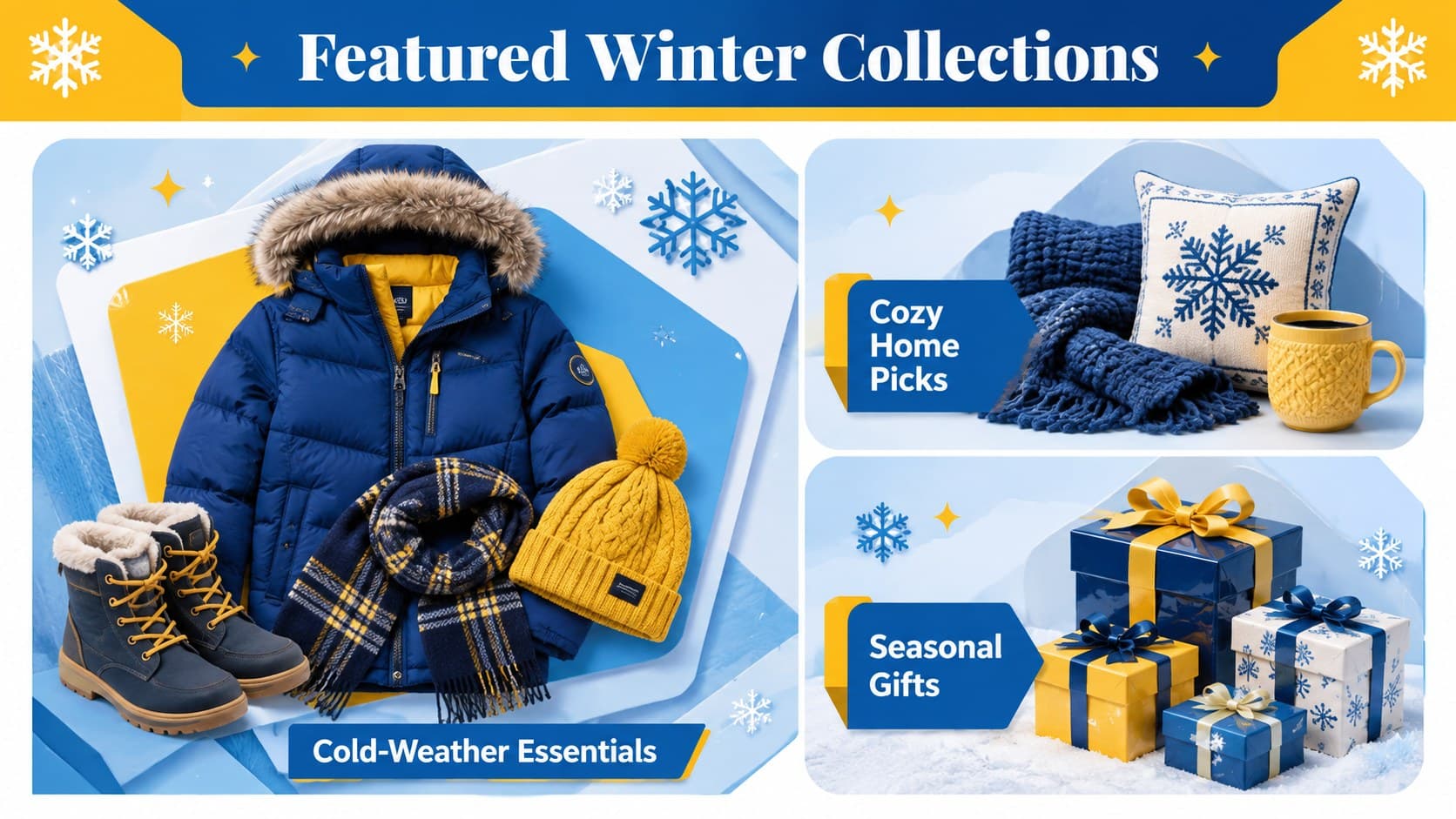 Winter merchandising presentation with three product collection spotlight areas.