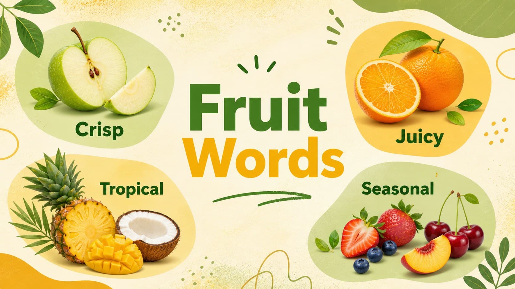 Illustrated fruit vocabulary slide for an elementary food education presentation.