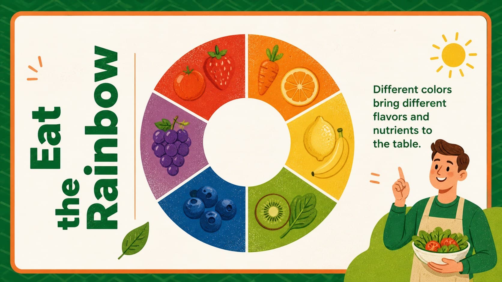 Fruit color lesson slide showing how different produce colors add variety to meals.
